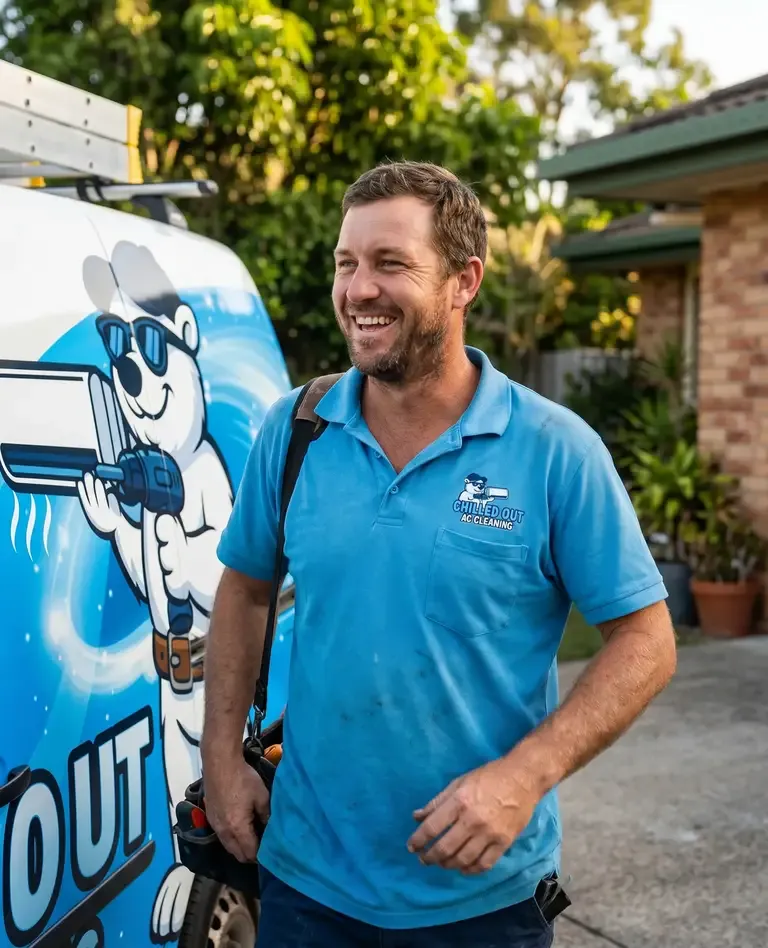 Chilled Out technician sharing a laugh with a customer in a Brisbane Northside front yard